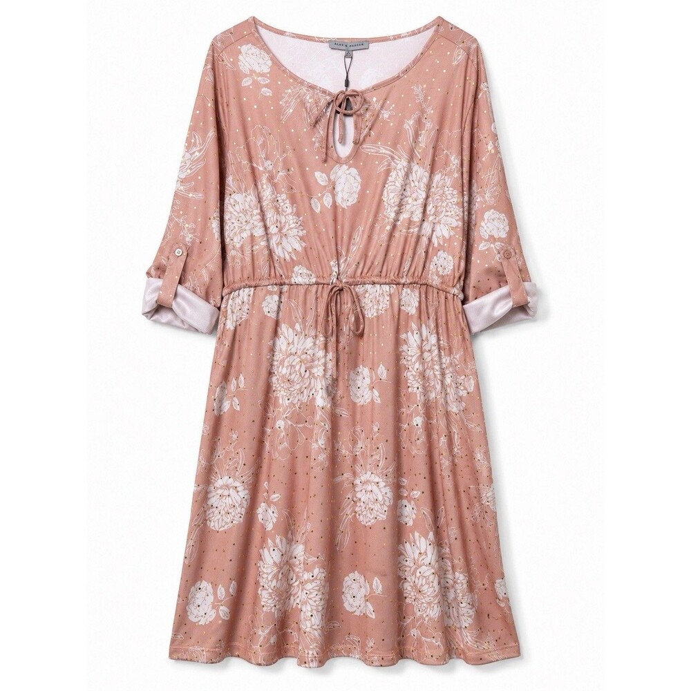 Alex & Parker 2X Pink Floral Gold Sparkle Tie Waist Midi Dress Long Sleeve NWT